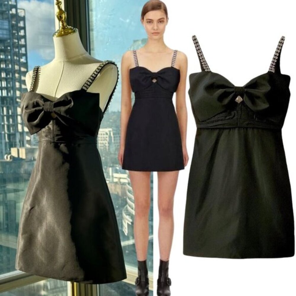 🆕 SELF-PORTRAIT 🧿 NWOT Black Taffeta Bow Mini Dress, Crystal Straps Sz UK6 US2